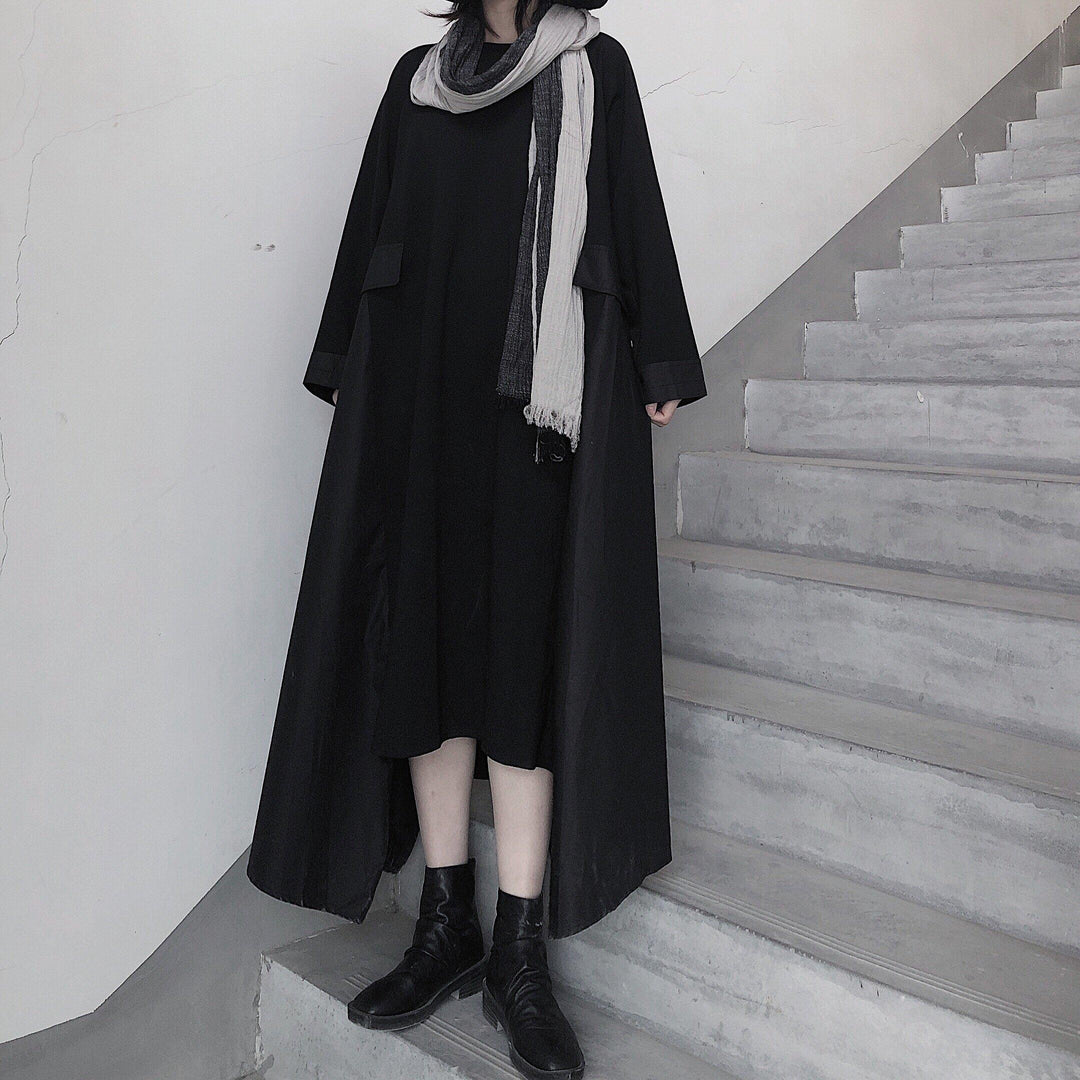 French Black Tunics O Neck Asymmetric A Line Spring Dress - Omychic