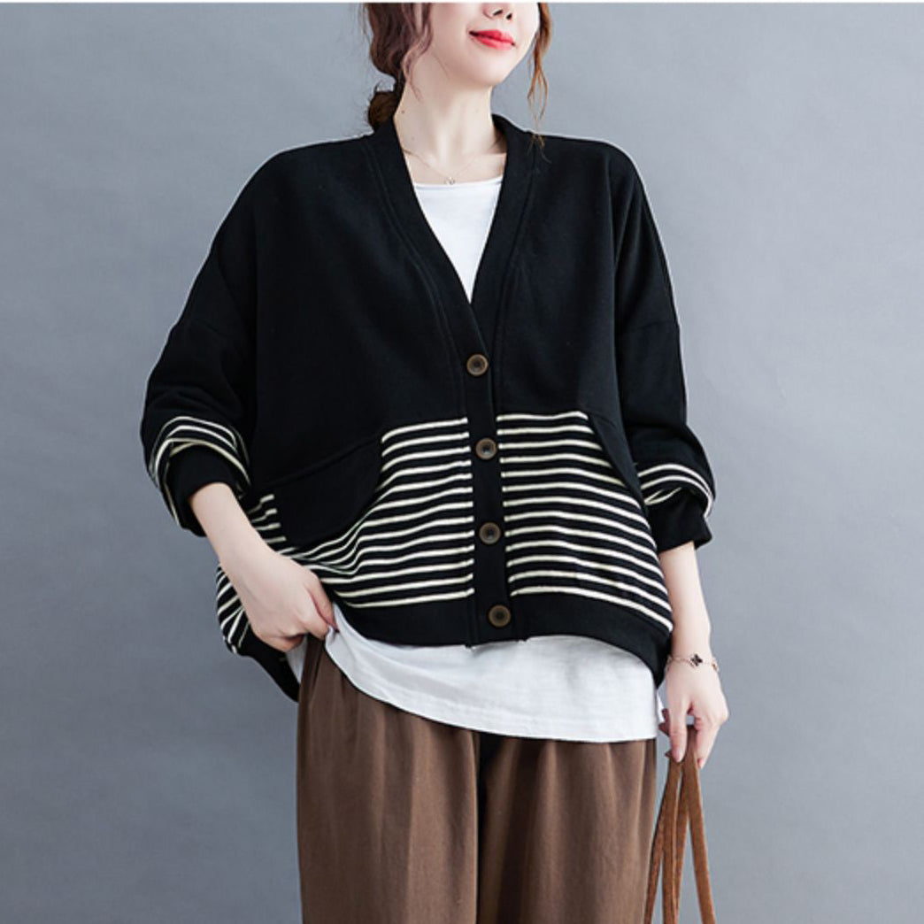 French Black V Neck Pockets Striped Patchwork Coats Long Sleeve