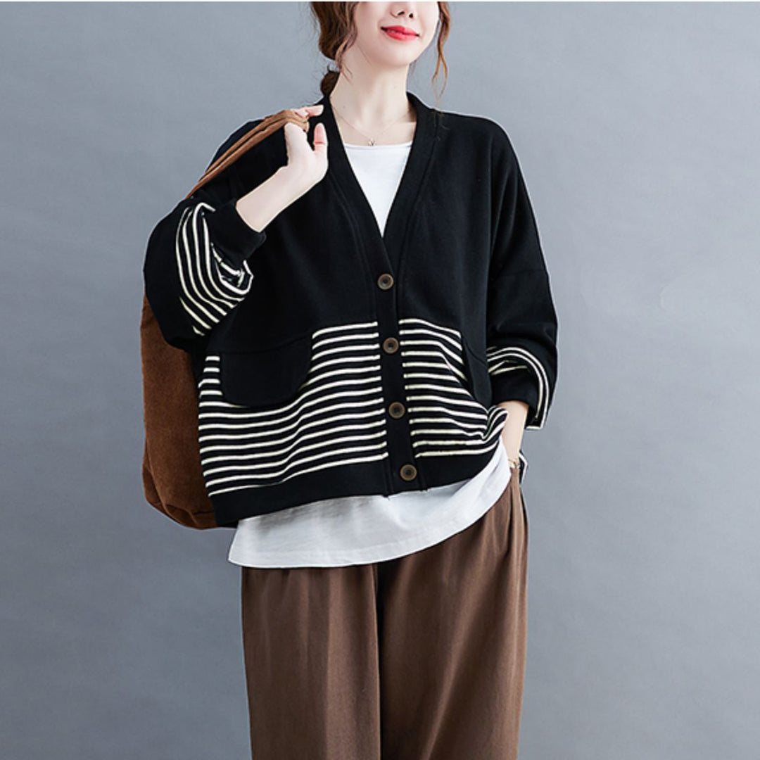 French Black V Neck Pockets Striped Patchwork Coats Long Sleeve