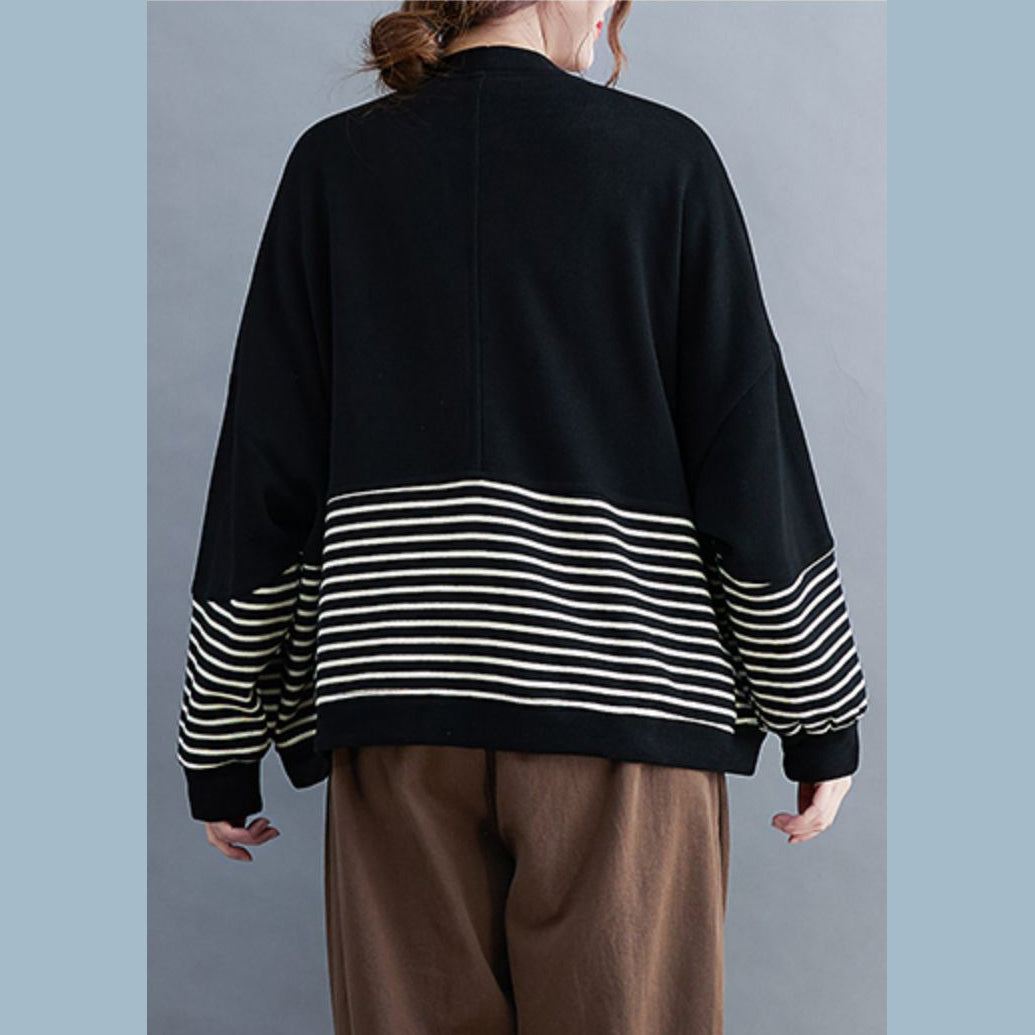 French Black V Neck Pockets Striped Patchwork Coats Long Sleeve