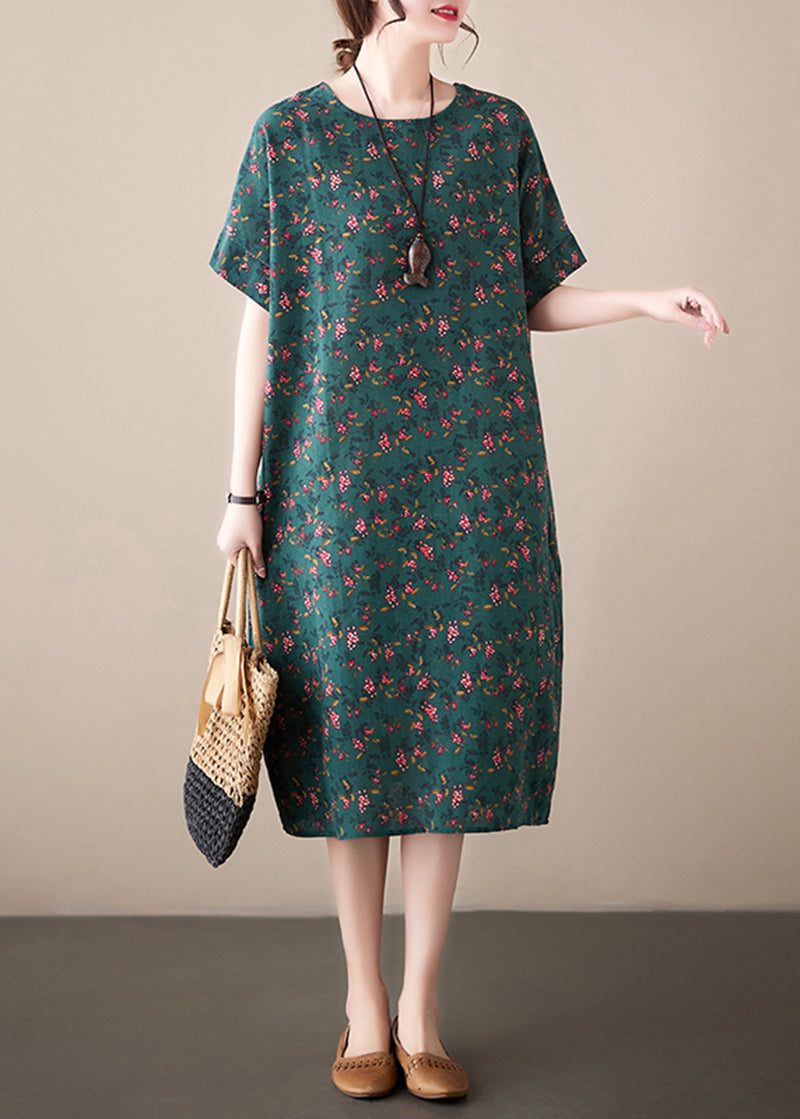 French Blackish Green O-Neck Print Linen Dress