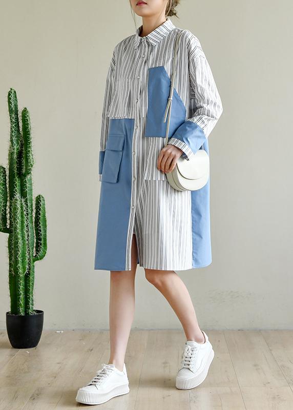 French Blue Cotton Dress Striped Patchwork Dress - Omychic