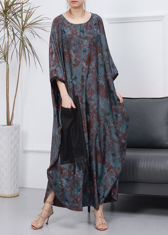 French Blue O Neck Print Loose Silk Dress Batwing Sleeve