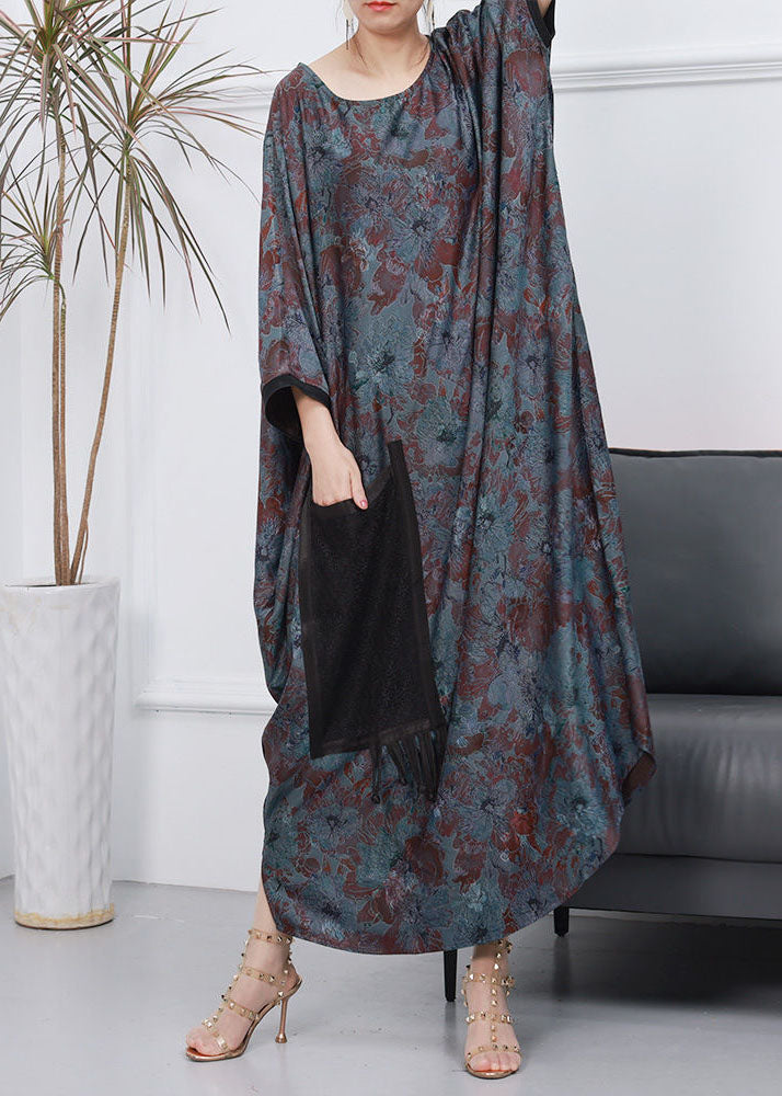 French Blue O Neck Print Loose Silk Dress Batwing Sleeve