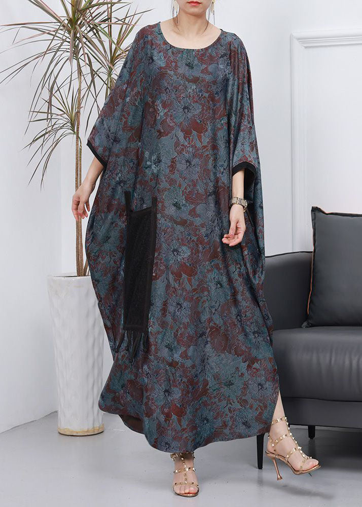 French Blue O Neck Print Loose Silk Dress Batwing Sleeve