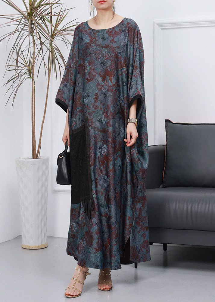 French Blue O Neck Print Loose Silk Dress Batwing Sleeve
