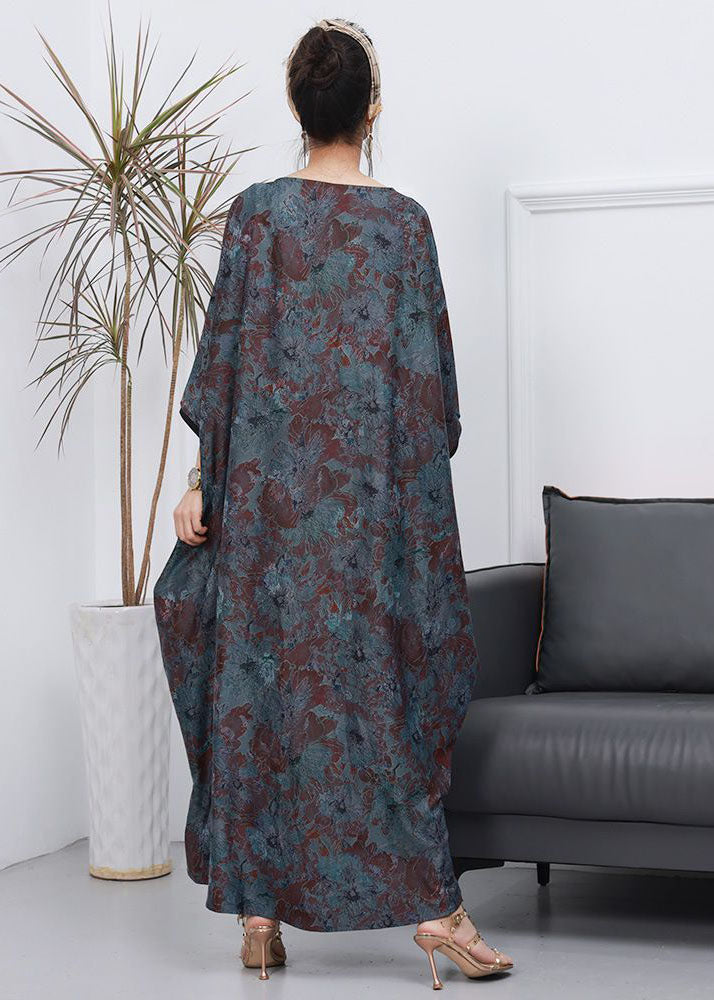 French Blue O Neck Print Loose Silk Dress Batwing Sleeve