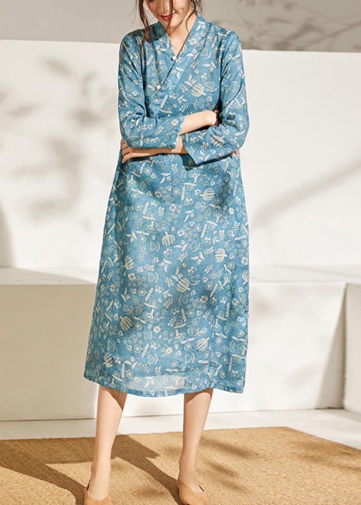 French Blue Print Patchwork Button Summer Ramie Sundress - Omychic