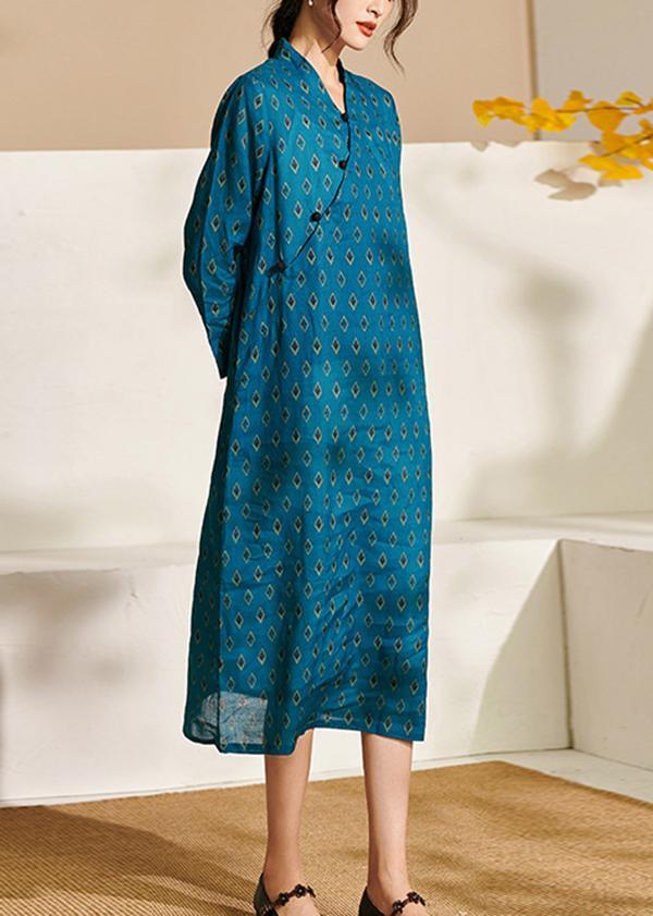 French Blue Print Patchwork Button Summer Ramie Sundress - Omychic