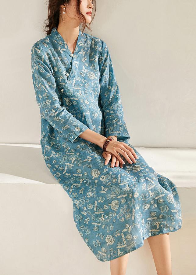 French Blue Print Patchwork Button Summer Ramie Sundress - Omychic