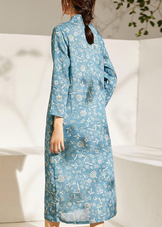 French Blue Print Patchwork Button Summer Ramie Sundress - Omychic