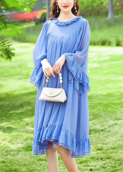 French Blue Ruffled Patchwork Silk A Line Dresses Flare Sleeve