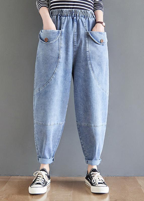 French Blue Women Pants Spring Elastic Waist Fabrics Wild Trousers - Omychic