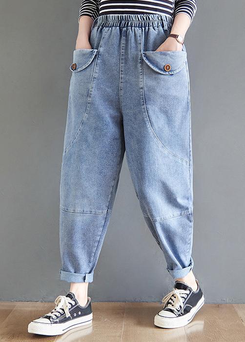 French Blue Women Pants Spring Elastic Waist Fabrics Wild Trousers - Omychic