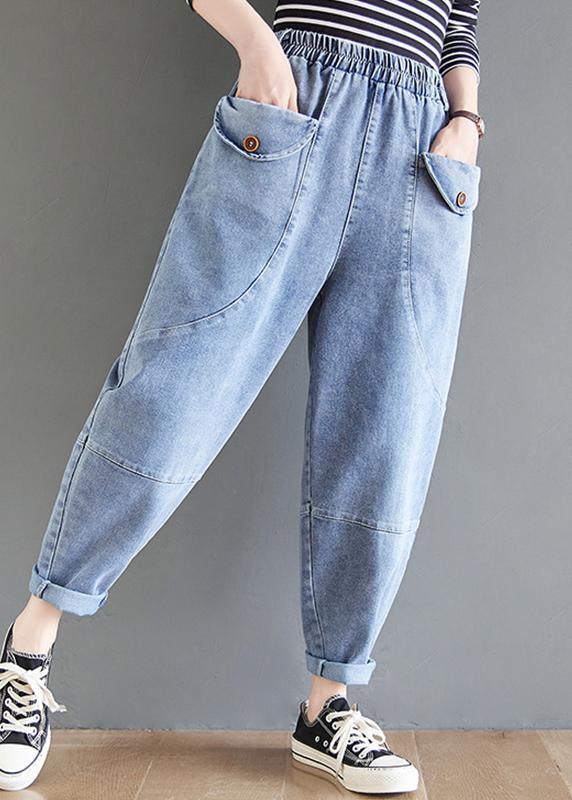 French Blue Women Pants Spring Elastic Waist Fabrics Wild Trousers - Omychic