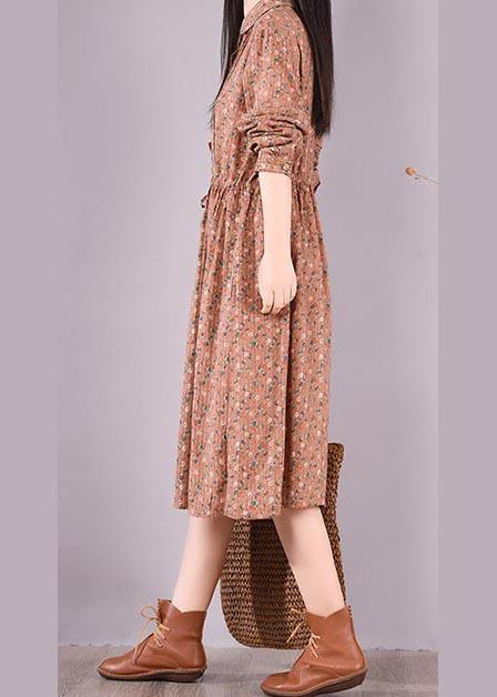 French Brown Print Dresses Lapel Drawstring Maxi Spring Dress - Omychic