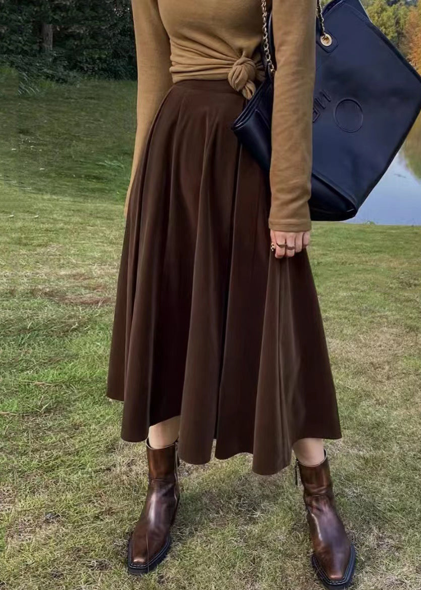 French Coffee High Waist Pockets Patchwork Silk Velour Skirt Fall