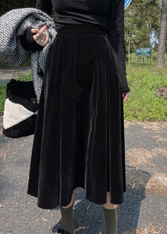 French Coffee High Waist Pockets Patchwork Silk Velour Skirt Fall