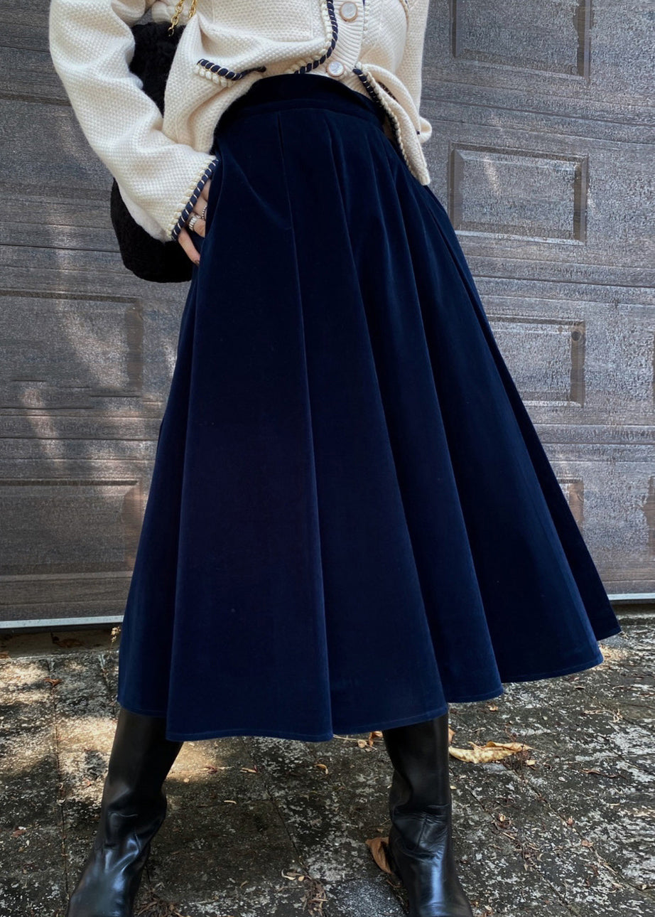 French Coffee High Waist Pockets Patchwork Silk Velour Skirt Fall