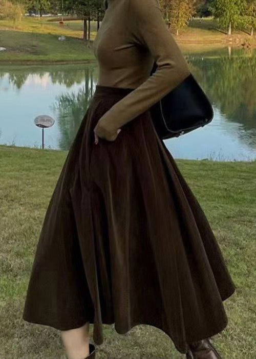 French Coffee High Waist Pockets Patchwork Silk Velour Skirt Fall