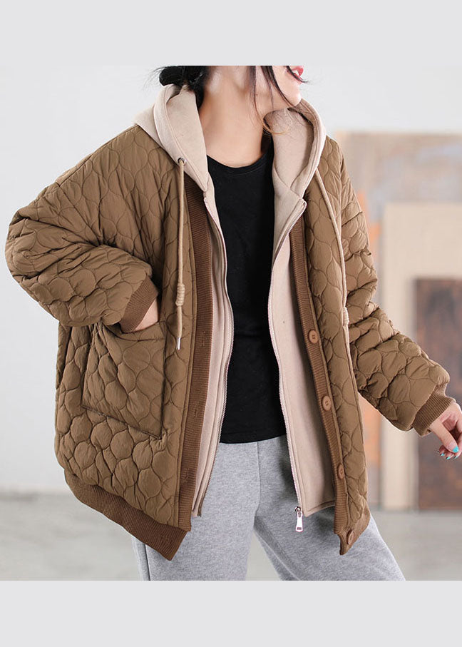 French Coffee Hooded Patchwork Fine Cotton Filled Winter Coats