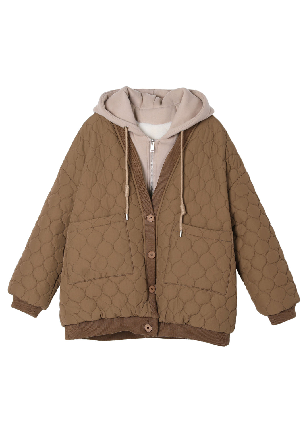 French Coffee Hooded Patchwork Fine Cotton Filled Winter Coats