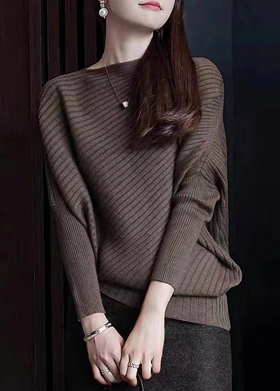 French Coffee Slash Neck Patchwork Knit Sweaters Batwing Sleeve