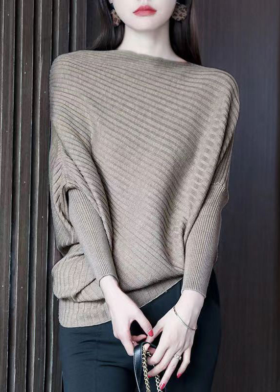 French Coffee Slash Neck Patchwork Knit Sweaters Batwing Sleeve