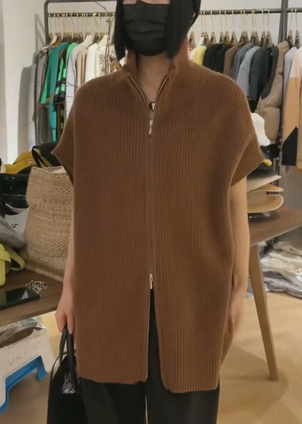 French Coffee Stand Collar Zip Up Knit Waistcoat Sleeveless