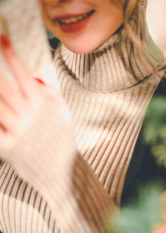 French Coffee Turtle Neck Slim Fit Thick Knit Sweater Tops Spring