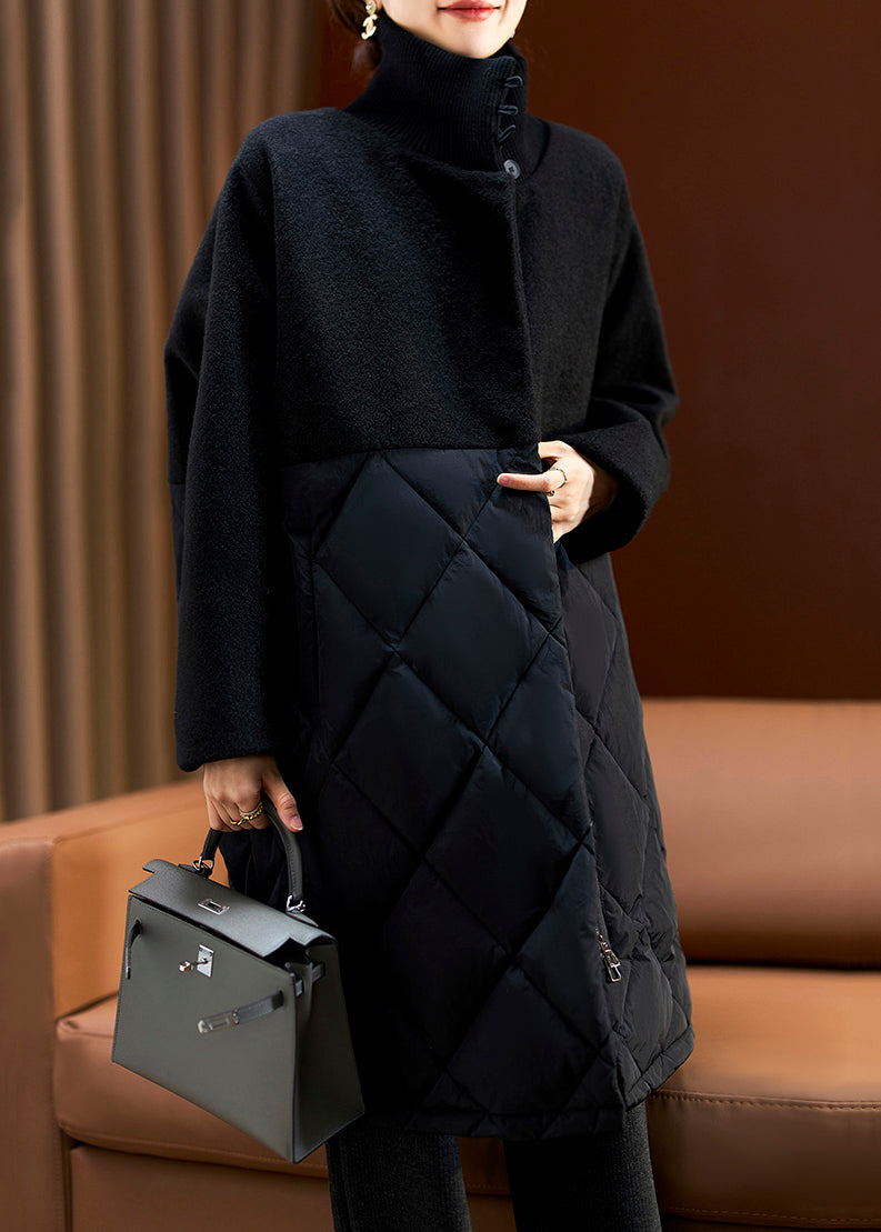 French Coffee Zip Up Pockets Woolen Patchwork Parka Winter