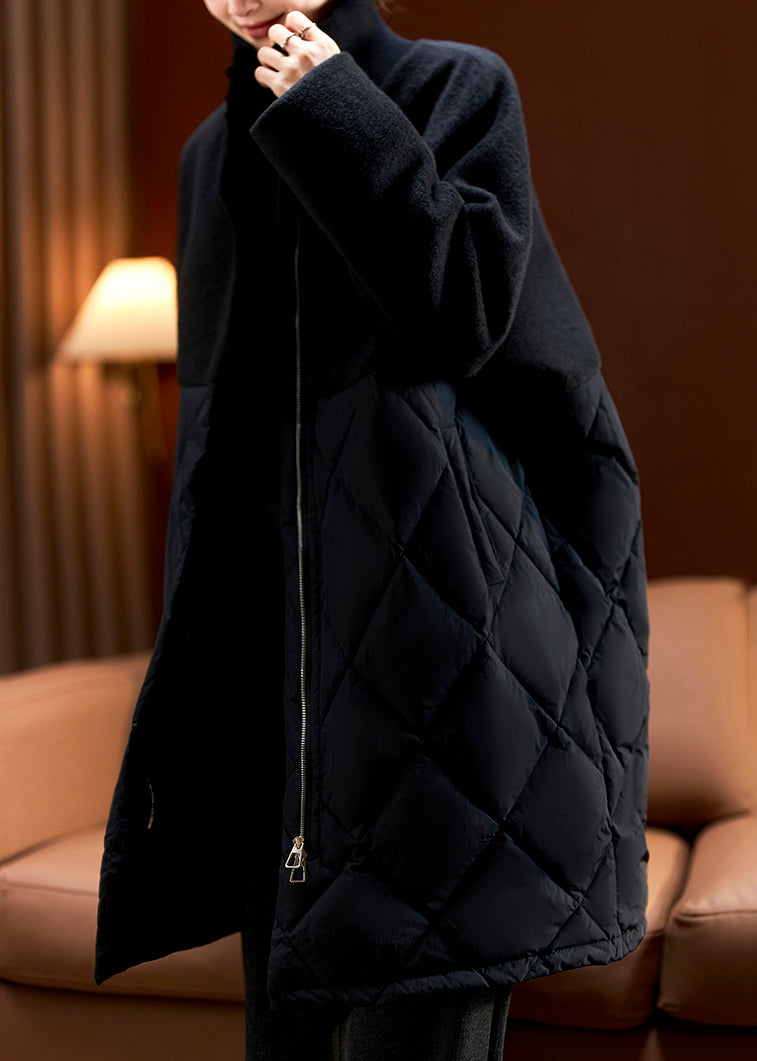 French Coffee Zip Up Pockets Woolen Patchwork Parka Winter