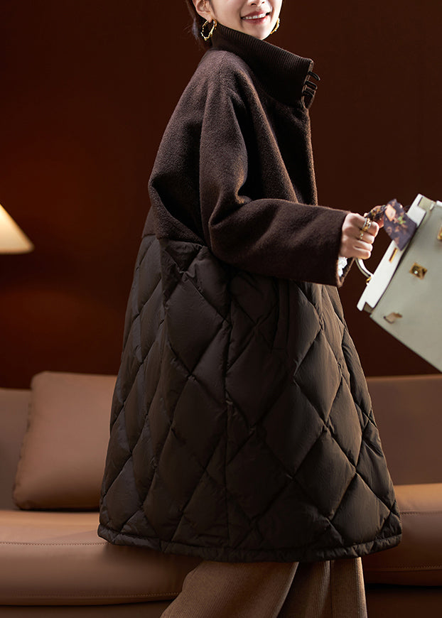 French Coffee Zip Up Pockets Woolen Patchwork Parka Winter