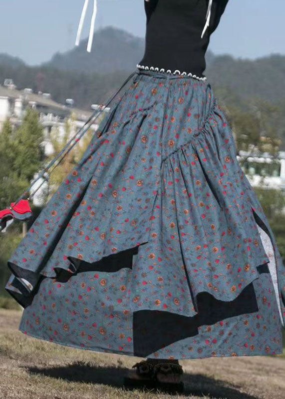 French Dark Grey Floral Tie Waist Print Wrinkled A Line Skirts Fall