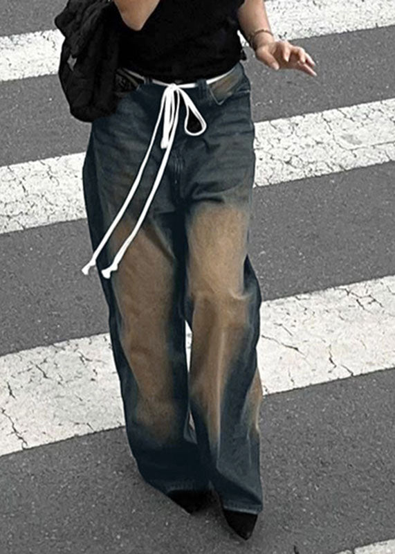 French Gradient Color Pockets Patchwork Denim Straight Pants Summer