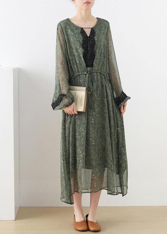 French Green Print Chiffon Patchwork Summer Vacation Dresses - Omychic