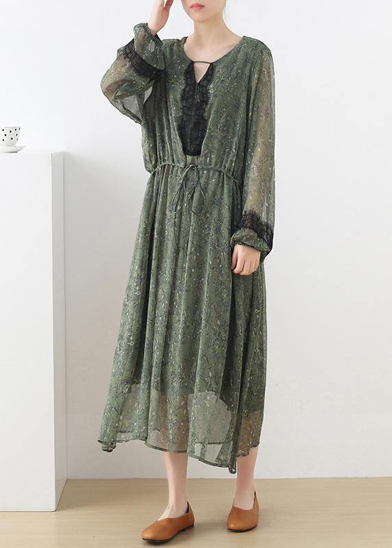 French Green Print Chiffon Patchwork Summer Vacation Dresses - Omychic