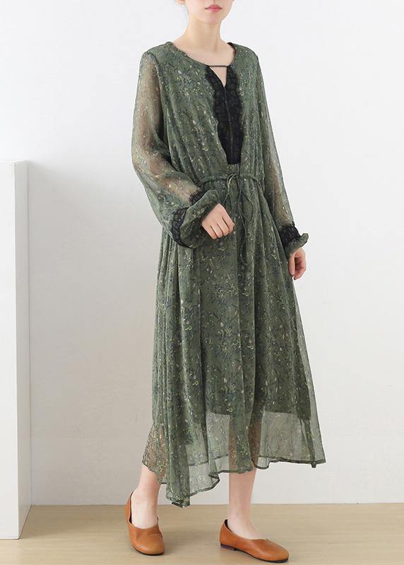 French Green Print Chiffon Patchwork Summer Vacation Dresses - Omychic