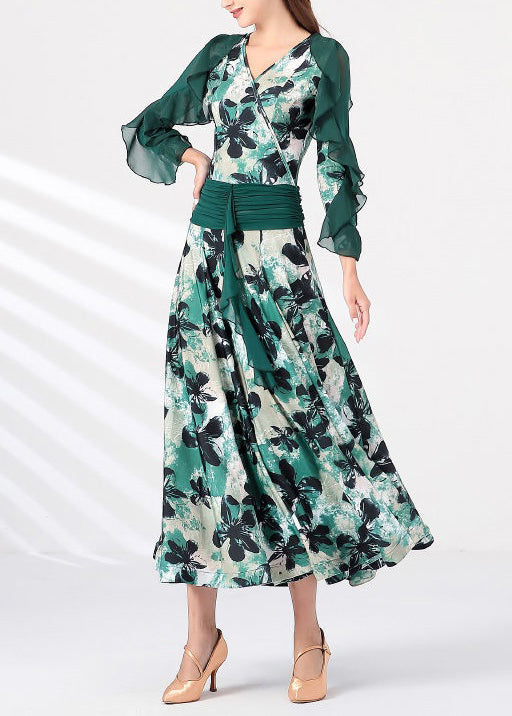 French Green V Neck Print Chiffon Patchwork Long Dress Spring