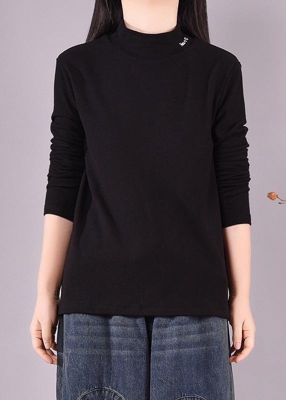French High Neck Spring top silhouette pattern Black shirts - Omychic