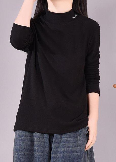 French High Neck Spring top silhouette pattern Black shirts - Omychic