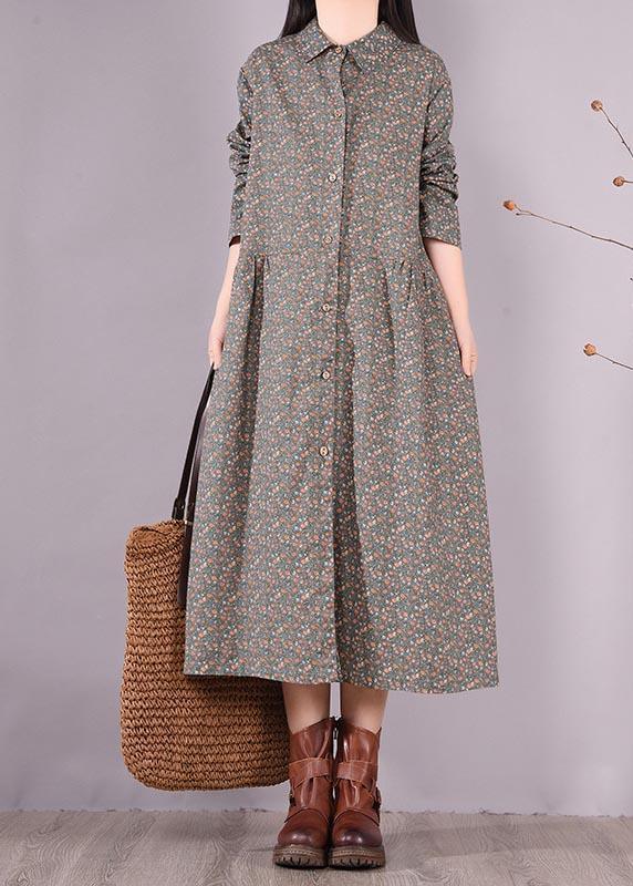 French Lapel Button Down Spring Fashion Ideas Blue Print Dress - Omychic