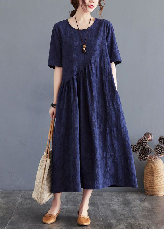 French Navy O-Neck Patchwork Wrinkled Cotton Long Dress Summer