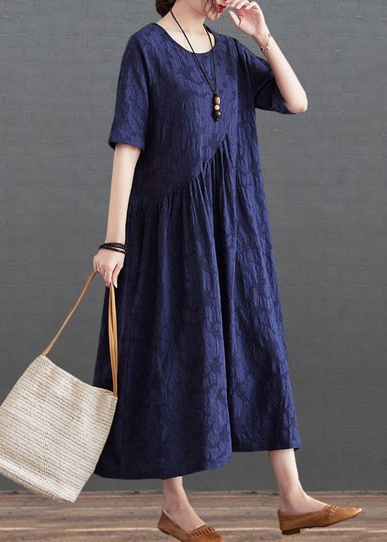 French Navy O-Neck Patchwork Wrinkled Cotton Long Dress Summer