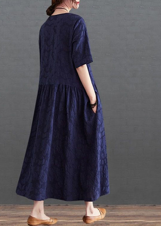 French Navy O-Neck Patchwork Wrinkled Cotton Long Dress Summer