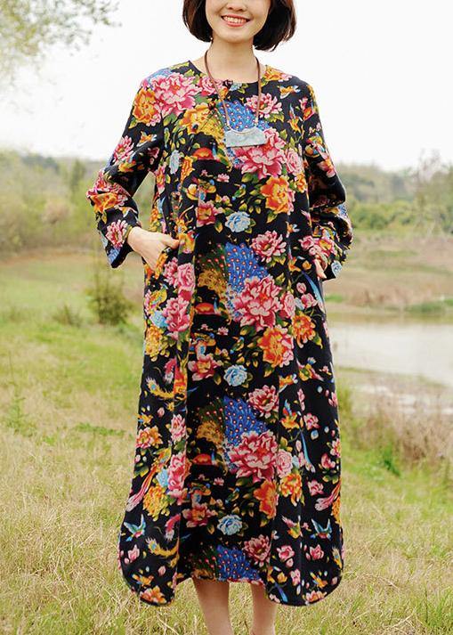 French Navy Print Quilting Clothes O Neck Pockets A Line Spring Dresses - Omychic