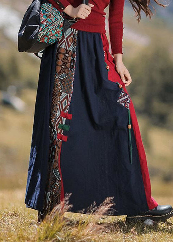 French Navy Wrinkled Print Patchwork Cotton Skirts Spring