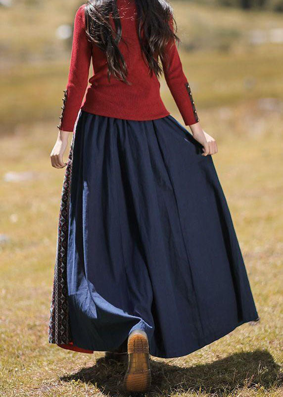 French Navy Wrinkled Print Patchwork Cotton Skirts Spring