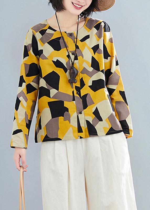 French O Neck Button Down Shirts Inspiration Yellow Geometric Top - Omychic