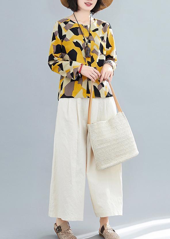 French O Neck Button Down Shirts Inspiration Yellow Geometric Top - Omychic